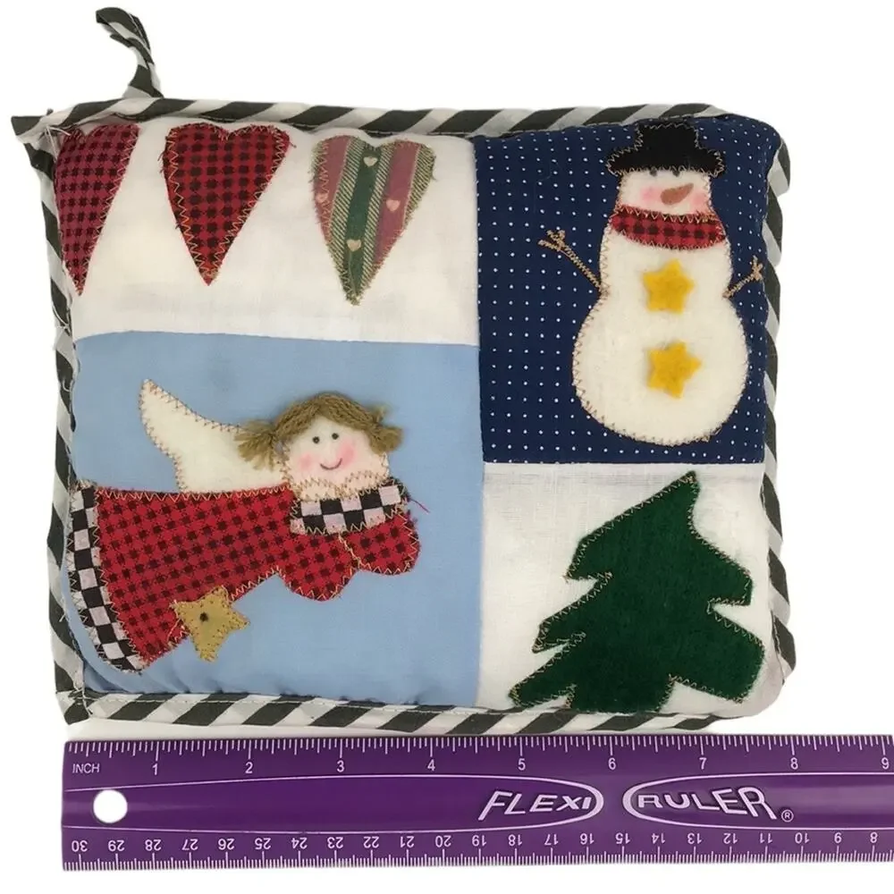 Vintage Christmas Small Patchwork Pillow Snowman Angel Tree Hearts 8''x6.5''